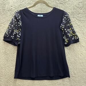 CeCe Large Blue Top Sheer Floral Sleeves Casual‎ Work Office EUC